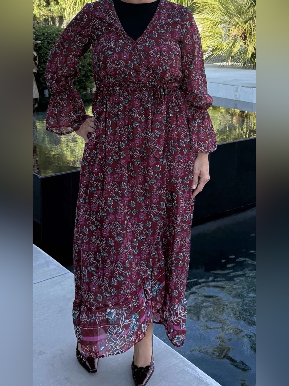 Modest Faux Wrap Burgundy Floral Long Sleeve Maxi Dress NWT XS